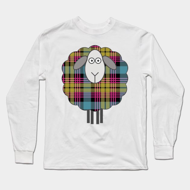 Scottish Pink, Blue and Yellow Tartan Patterned Sheep Long Sleeve T-Shirt by MacPean